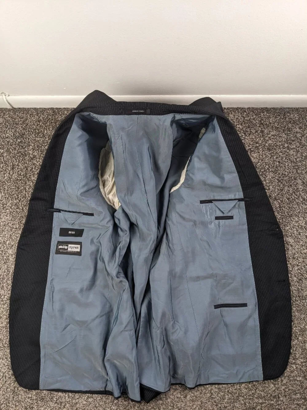 Hugo Boss 46R Wool Pinstripe 2 PC Suit Pasolini 1 Movie 1 Black Blue 40x30